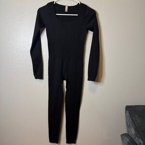 Black Ribbed Bodycon Long Sleeve Jumpsuit with Thumbholes